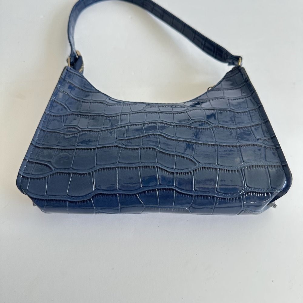 Y2K Navy Blue Croc Embossed Patent Faux Leather Shoulder Bag Going Out Party - Picture 4 of 12